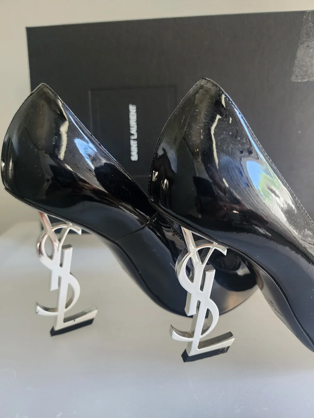 Saint Laurent Black Patent Leather Opyum Logo Heel Pumps - Picture 2 of 6